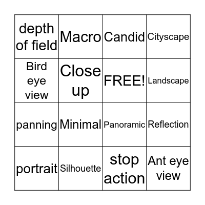 Photography BINGO Card