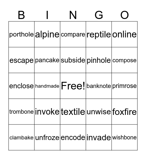 Multi-syllable with v-c-silent e Bingo Card