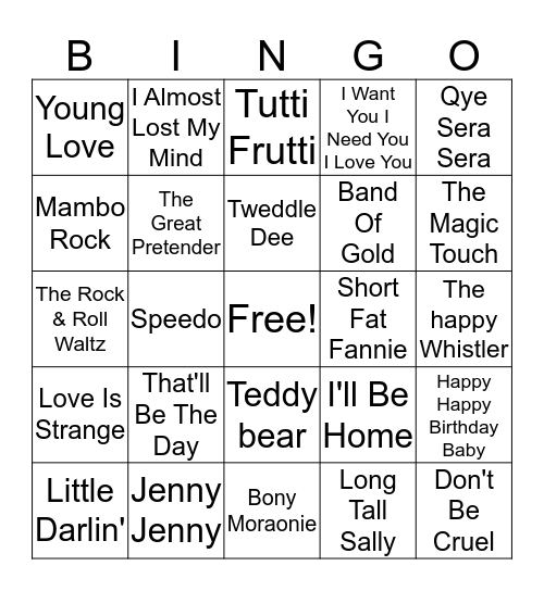 50s Hits Bingo Card