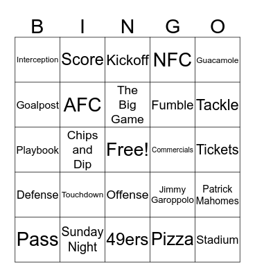 Superbowl Bingo  Bingo Card