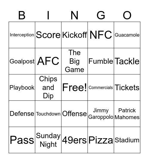 Superbowl Bingo  Bingo Card