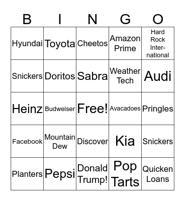 2020 Super Bowl Bingo Card