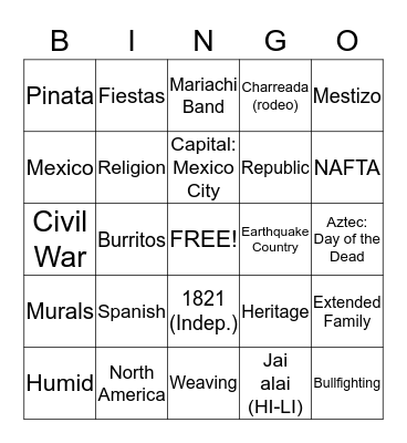 Mexican Fiesta Bingo Card