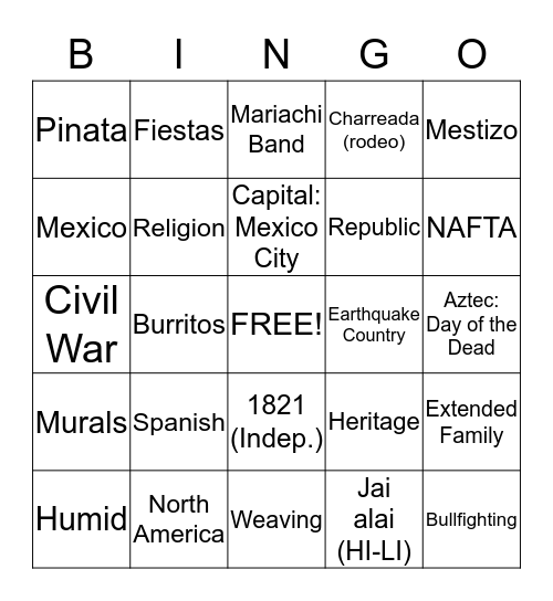 Mexican Fiesta Bingo Card