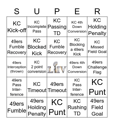 SUPER BOWL BINGO  Bingo Card