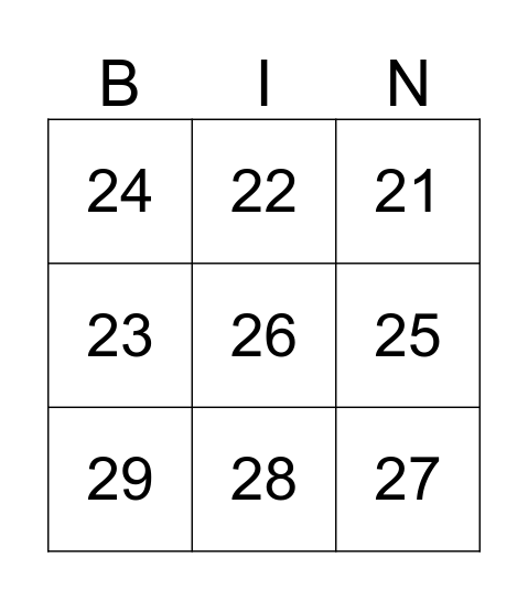 Les Numéros 20-29 Bingo Card