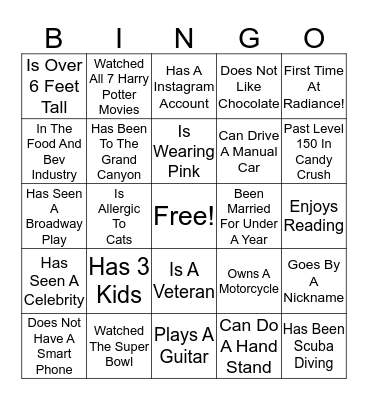 Radiance 2020 Bingo Card