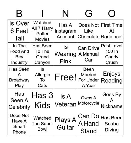 Radiance 2020 Bingo Card