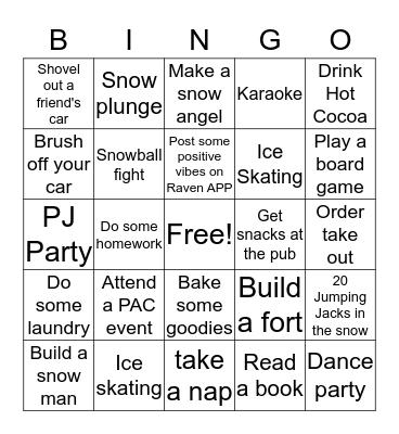 Snow Day Bingo Card