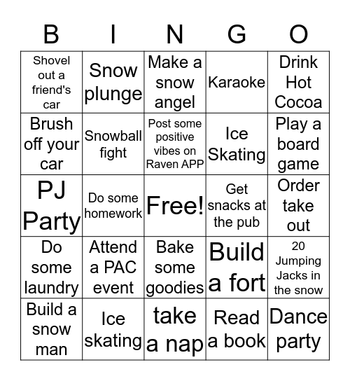 Snow Day Bingo Card