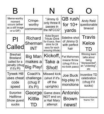 Super Bowl LIV BINGO Card