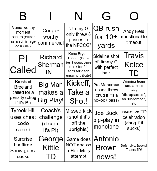 Super Bowl LIV BINGO Card