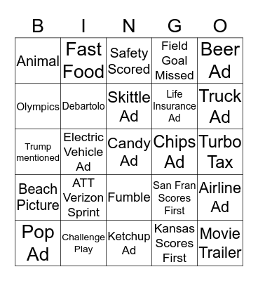 SUPER BOWL 2020 Bingo Card