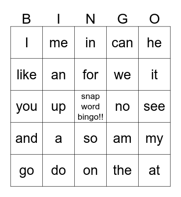 Snap Word Bingo Card