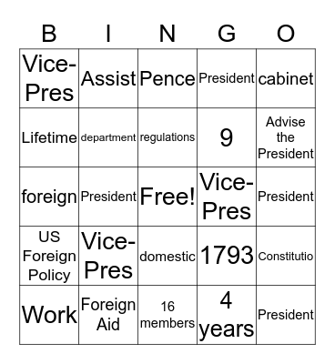 Executive Branch Bingo Card