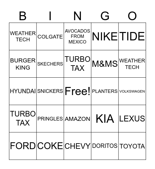 SUPER BOWL Bingo Card