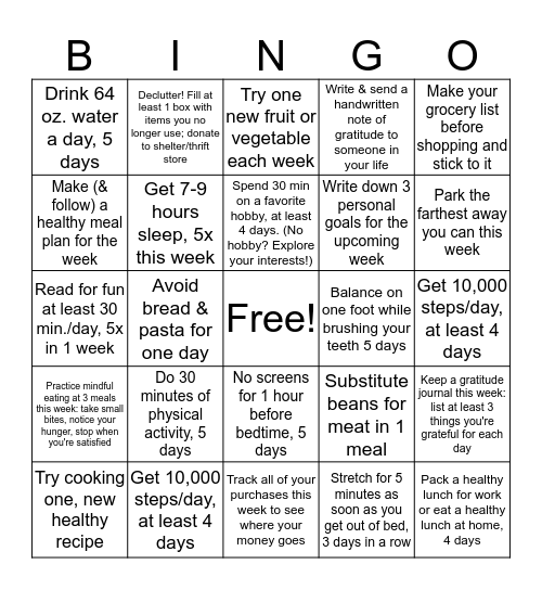 Wellness Bingo: Round 2 Bingo Card