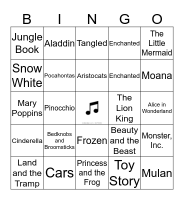 Disney Songs Bingo Card