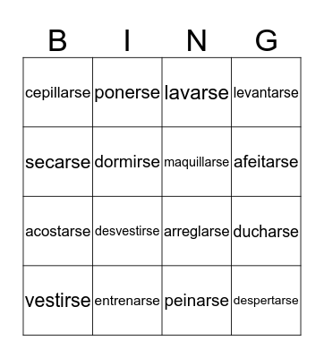 Reflexive Verbs Bingo Card