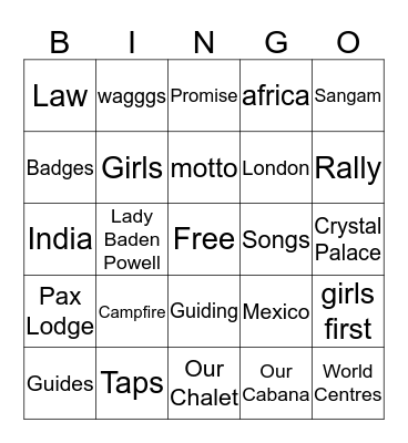 Girl Guide Bingo Card