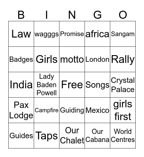 Girl Guide Bingo Card