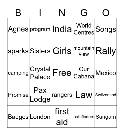 Girl Guide Bingo Card