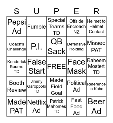Super Bowl LIV BINGO Card