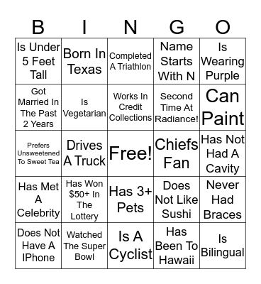 Radiance 2020 Bingo Card