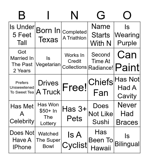 Radiance 2020 Bingo Card