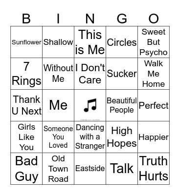 Top 100 Songs Bingo Card