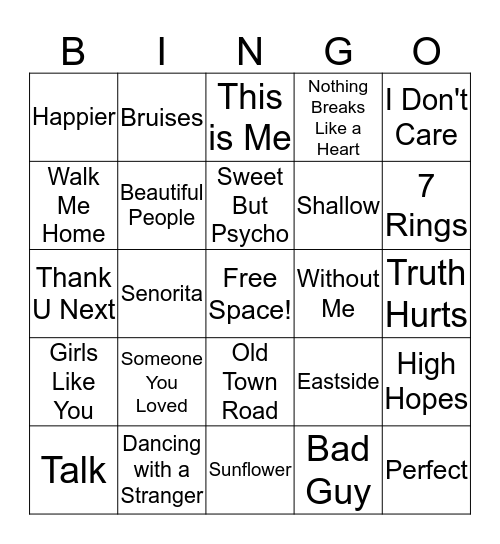 Top 100 Songs Bingo Card