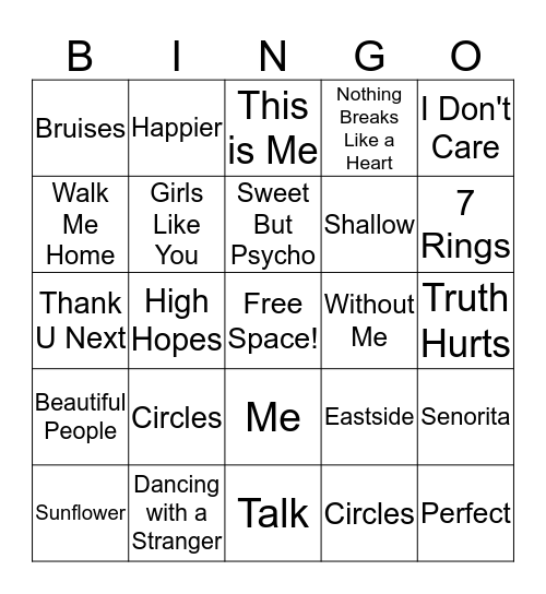 Top 100 Songs Bingo Card