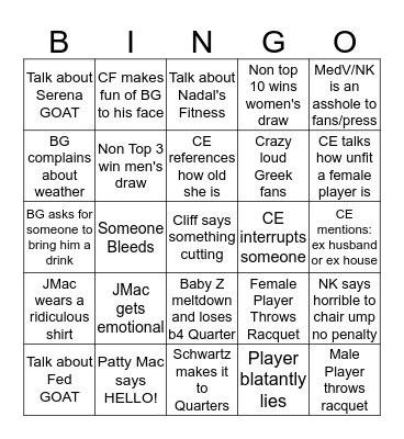 Tennis BINGO Card