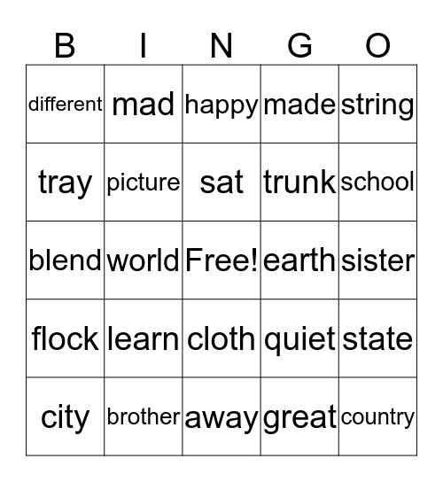 Spelling Words 1/27 Bingo Card