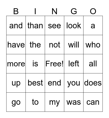 Sight Words Bingo Card