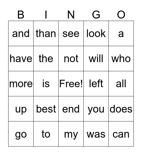 Sight Words Bingo Card