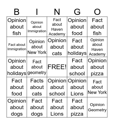 Fact vs. Opinion Bingo Card