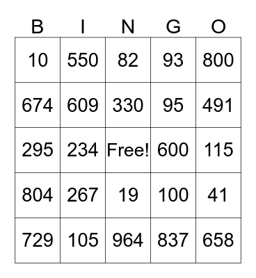 Place Value Bingo Card