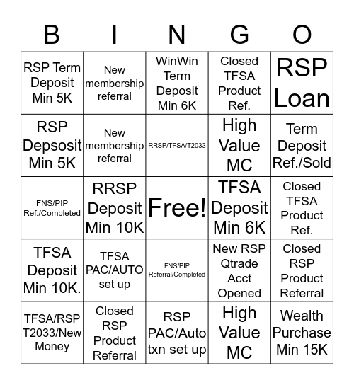 RSP/TFSA Campaign  Bingo Card