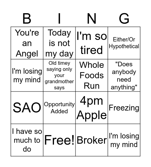 Sammy G Bingo Card