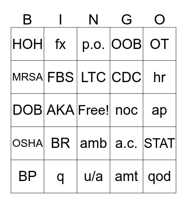 Medical Abbreviations Bingo Card