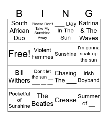 Here Comes The Sun Bingo Card