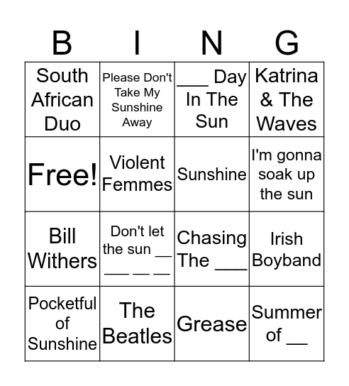 Here Comes The Sun Bingo Card