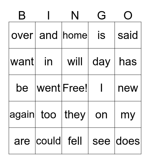 Sight Word Bingo Card