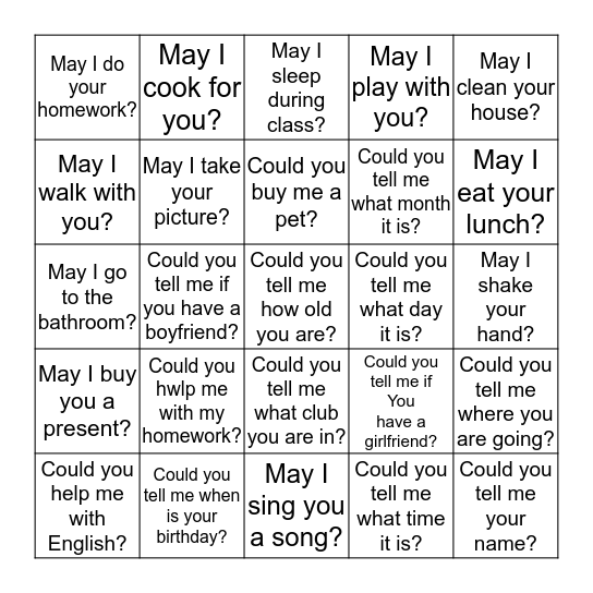 May I ask you a question? Bingo Card