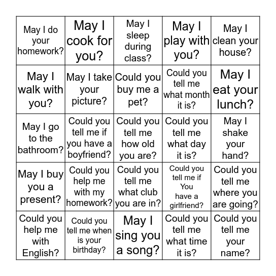 May I ask you a question? Bingo Card