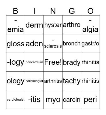 Medical Terminology Bingo Card