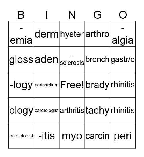 Medical Terminology Bingo Card