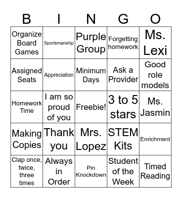 Johnson Park STARS Bingo Card
