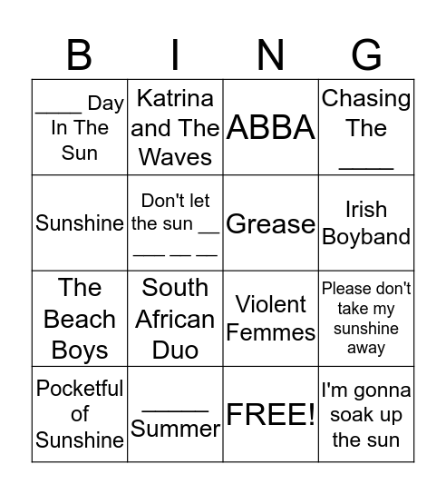 Here Comes The Sun Bingo Card